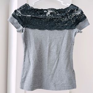 Black Lace Gray Shirt Top